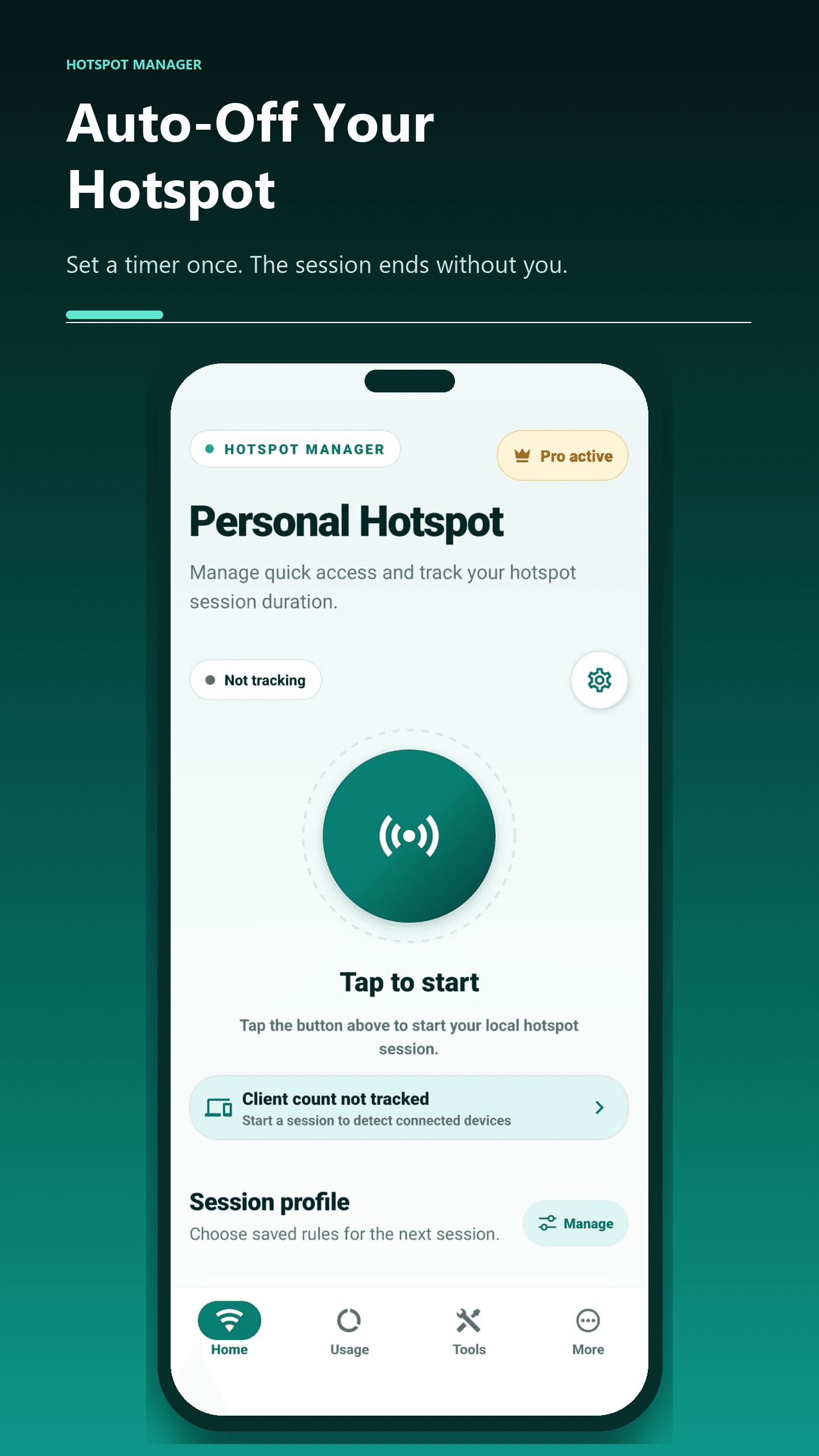 Hotspot Manager home screen with the tap-to-start session control.